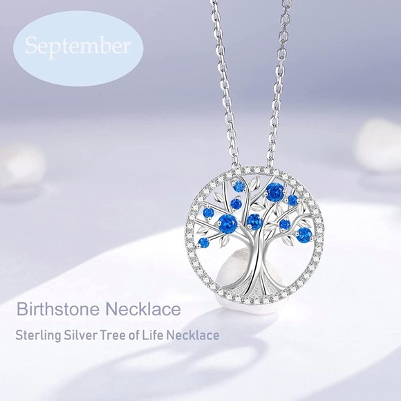 September Birthstone Tree Of Life Blue Sapphire Sterling Silver Necklace - Picture 6 of 7